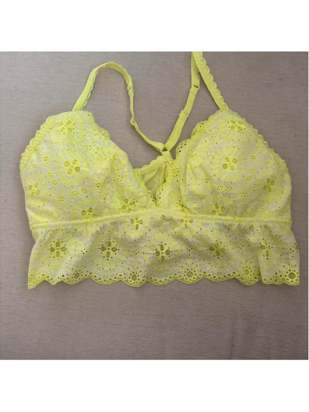 Aerie Size Large Neon Yellow Floral Lace V-Neck Padded Wireless Bralette Large